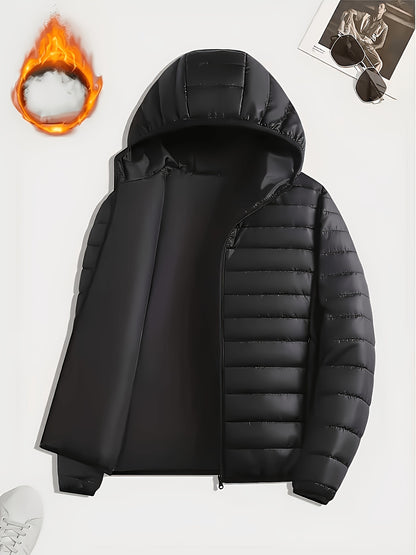 Men's Casual Hooded Padded Coat - Warm Polyester Outerwear