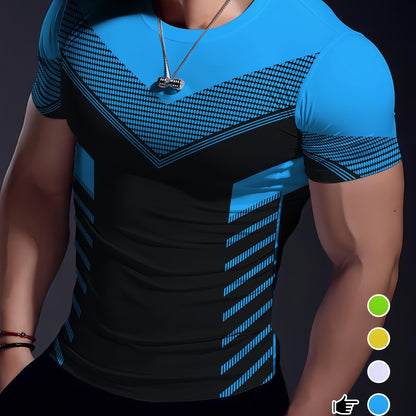 Men'S Geometric-Pattern Sports T-Shirt, Polyester Blend, Crew Neck, High Stretch, Short Sleeve, Quick-Dry, Tear-Resistant, Knit Fabric, Skinny Fit, with 3D Heat Sublimation for Running, Yoga, Training, Hiking, Casual & Athlet
