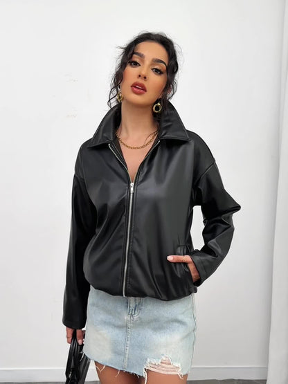 Կանացի ոճային սև բաճկոն՝ գարնանային/աշնանային ամենօրյա կայծակաճարմանդով, օձիքով, երկար թևքերով և կողային գրպաններով