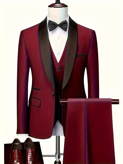 Men's Slim-Fit Notch Lapel 3-Piece Suit with Vest and Pants