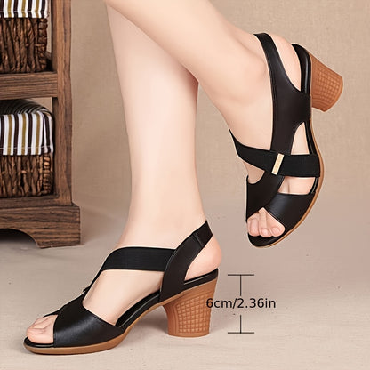 Elegant Tan Peep-Toe Women's Sandals - Comfortable Mid-Heel, Casual Summer Shoes with Chunky Heel, Faux Cover Straps & Non-Slip Rubber Sole for Casual Attire, High Heel Sandals