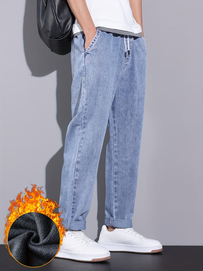 Men's Winter Fleece-Lined Jeans - Casual Straight Leg with Elastic Drawstring Waist, Warm & Stylish Streetwear Denim Pants