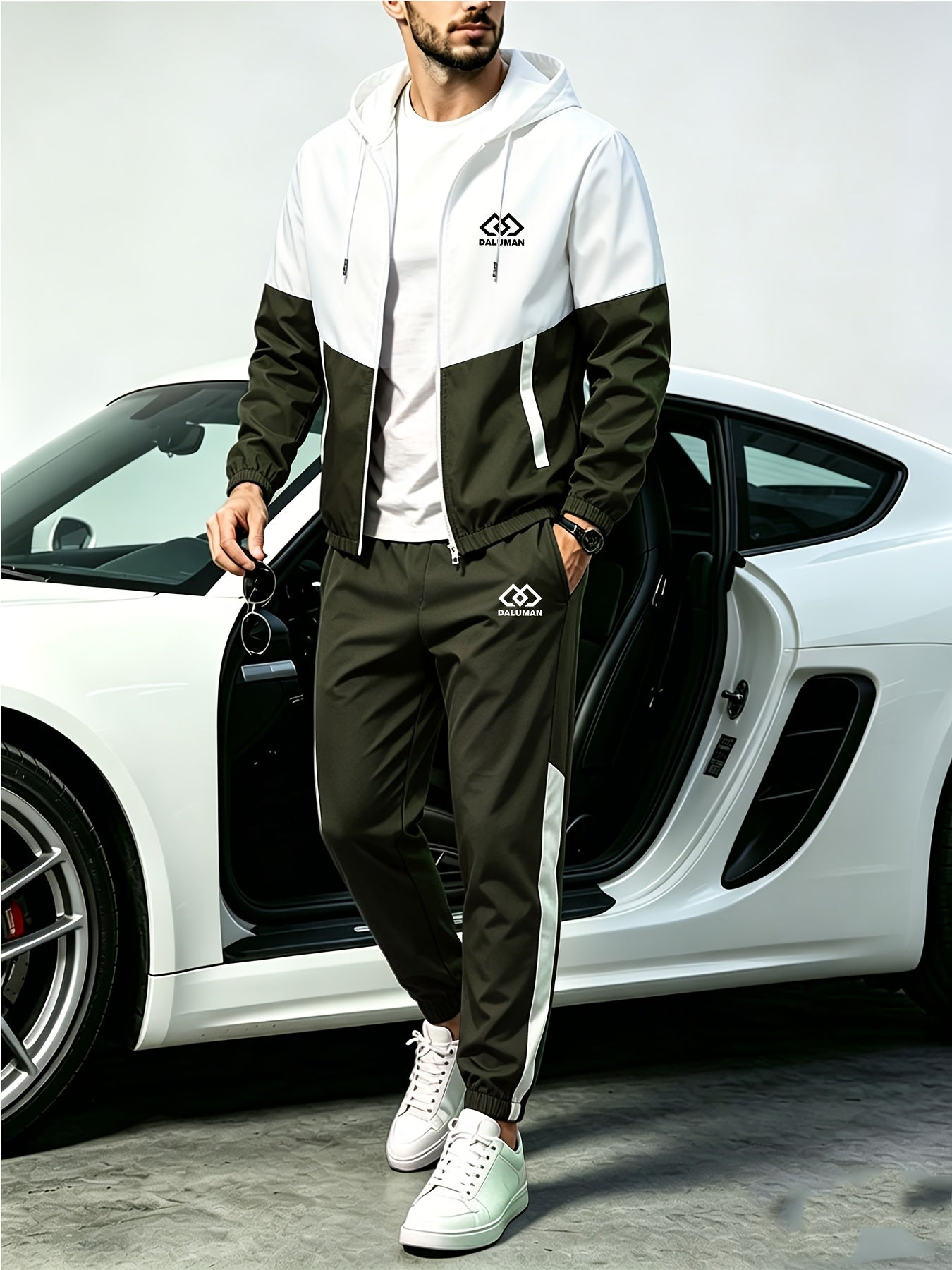 Men's Spring-Fall Patchwork Athletic Hooded Jogger Set