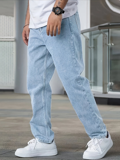 Men's Casual Straight Leg Blue Jeans - Cotton Blend, Non-Stretch Denim, Machine Washable, Classic Fit for All Seasons