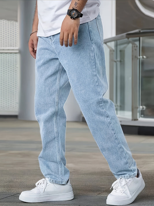 Men's Casual Straight Leg Blue Jeans - Cotton Blend, Non-Stretch Denim, Machine Washable, Classic Fit for All Seasons