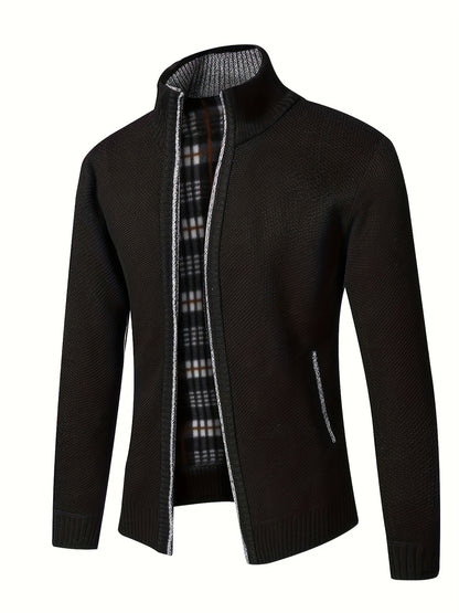Men's Solid Fleece Knitted Cardigan With Pockets, Casual Long Sleeve Turtle Neck Zip Up Warm Sweater For Winter Fall Outdoor Activities