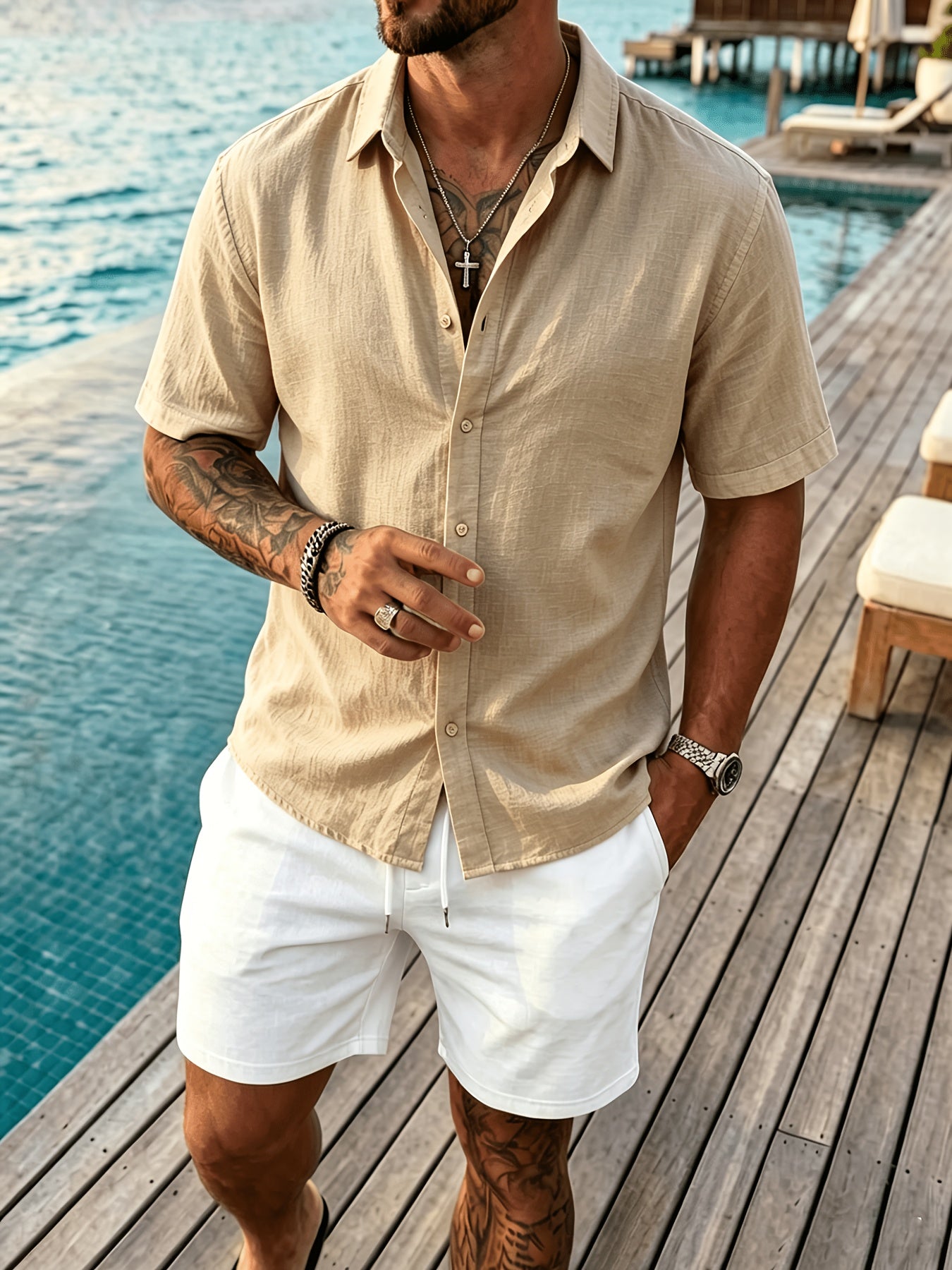 Men's Casual Button-Up Shirt, Cotton-Linen Blend, Short Sleeve