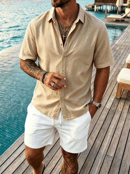 Men's Casual Button-Up Shirt, Cotton-Linen Blend, Short Sleeve