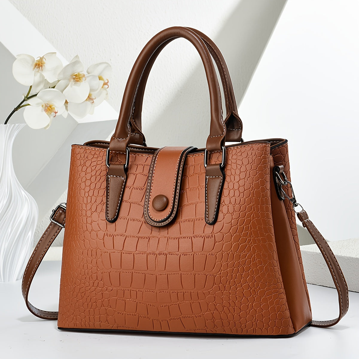 Women's Vintage Crocodile Embossed PU Shoulder Tote Bag