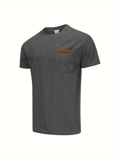 Men's Solid T-shirt With Chest Pocket, Casual Short Sleeve Crew Neck Tee, Men's Clothing For Summer Outdoor