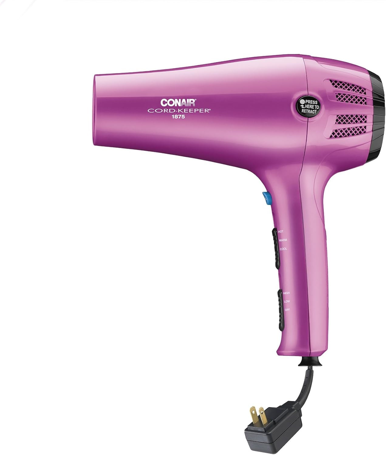 Conair Hair Dryer with Retractable Cord, 1875W Cord-Keeper Blow Dryer,Pink