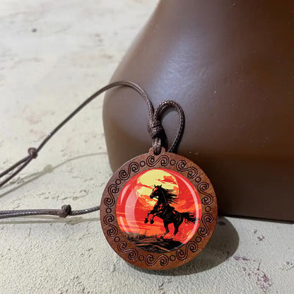 Red Moon Galloping Horse Wooden Pendant Necklace - Bohemian Style Adjustable Cord, Natural Wood Unisex Jewelry for Casual Attire & Holiday Gifts