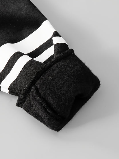 Boys' Autumn/Winter New Jacket with Striped Print, Letter Patch, Zipper Hooded Thickened Warm Coat and Casual Comfortable Everyday Versatile Sweatpants 2pcs Set, Perfect for Outdoor