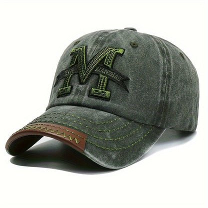 Spring And Autumn Retro Washed Denim Duckbill Cap, Fashionable Outdoor Sun Baseball Hat, With Old Letter M Embroidery, For Men Women