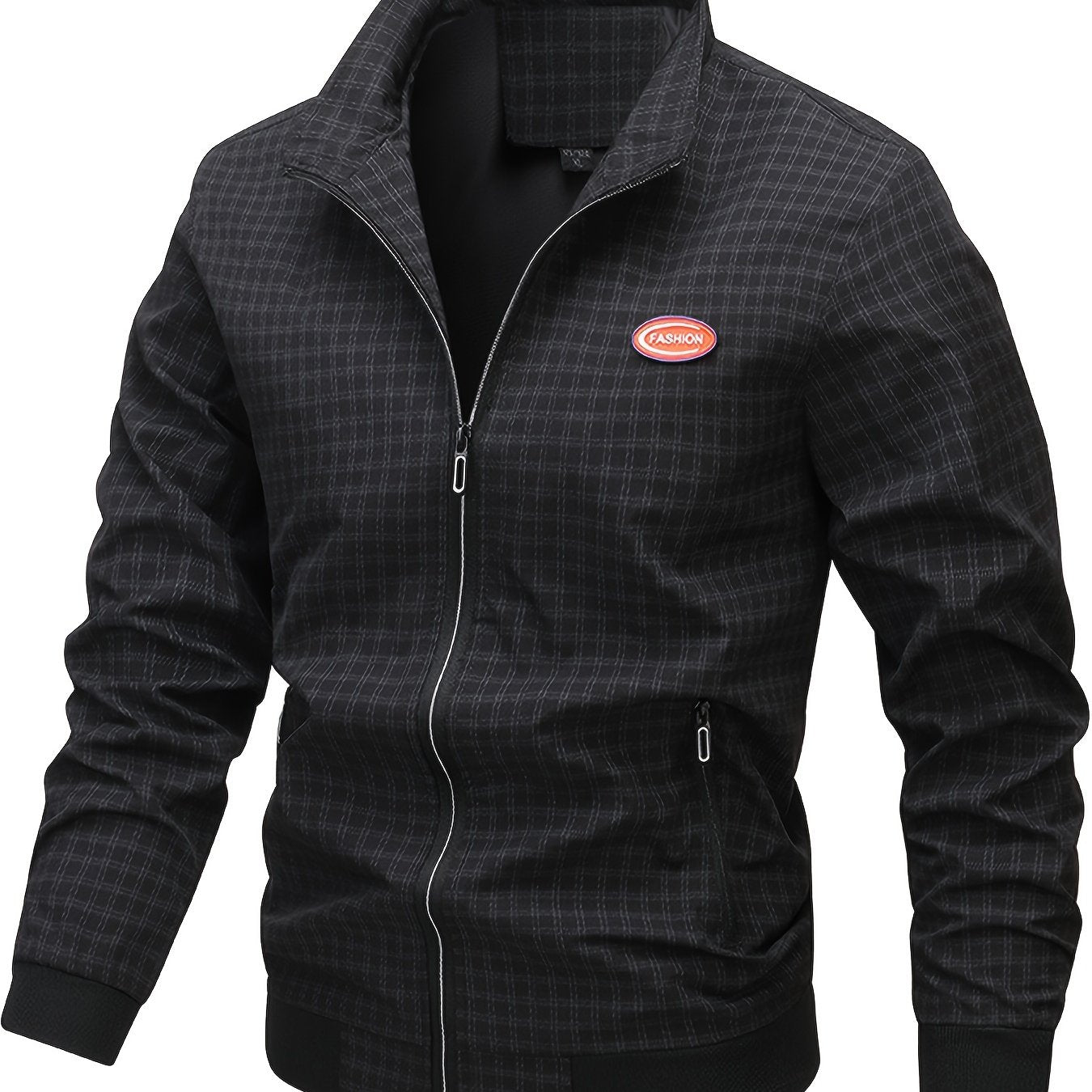 Men's Casual Outdoor Jacket - Spring/Fall Softshell Jacket with Checkered Pattern, Long Sleeves, and Zipper Closure
