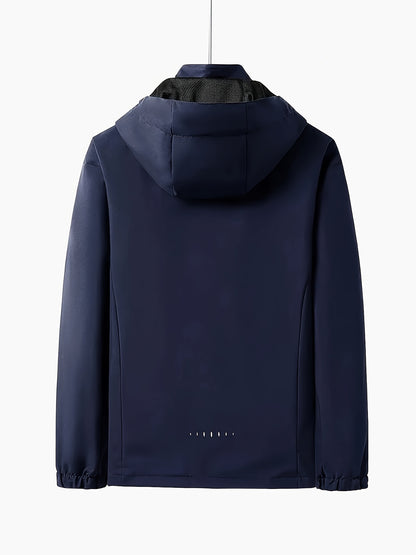 Men's Hooded Casual Windbreaker Jacket - 100% Polyester, Non-Stretch Woven Fabric, Long Sleeve, Regular Length, Alphabet Pattern, Zippered Pockets, Detachable Hood - All-Season Outdoor Lightweight Coat