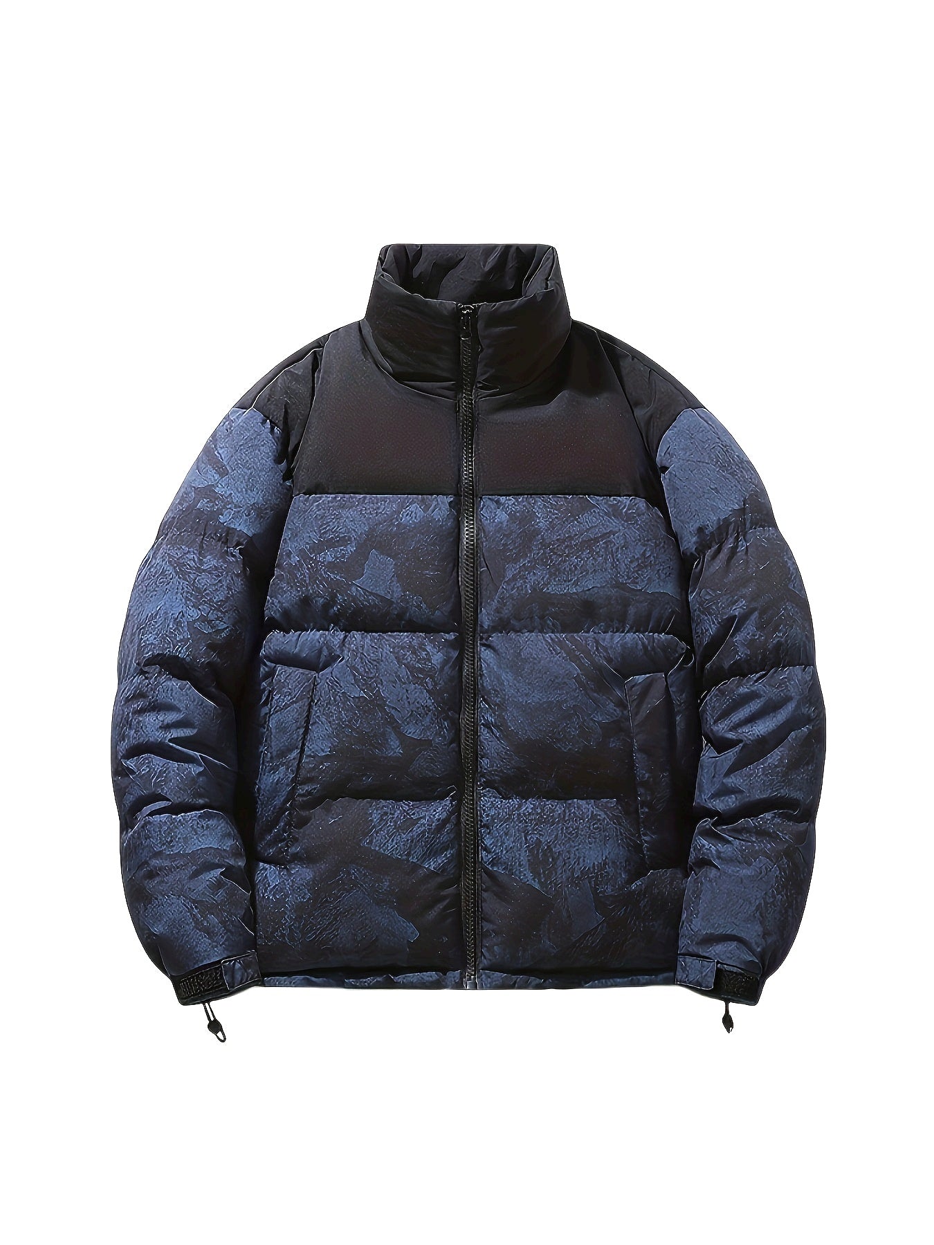 Men's Winter Jacket Windproof Coat with Stand Collar & Camo Marbled Pattern (Black/White/Grey) - Thickened Padded, Full-Zip Closure, for Skiing,, Outdoor Activities - Cold Weather Survival