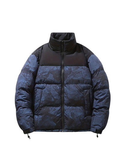 Men's Winter Jacket Windproof Coat with Stand Collar & Camo Marbled Pattern (Black/White/Grey) - Thickened Padded, Full-Zip Closure, for Skiing,, Outdoor Activities - Cold Weather Survival