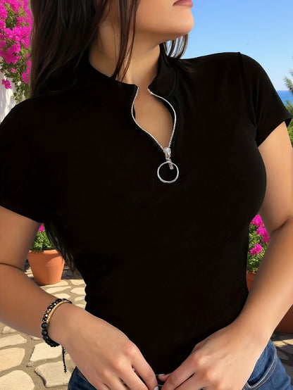 Women's Casual Solid Color Zipper Short Sleeve T-Shirt - ayq