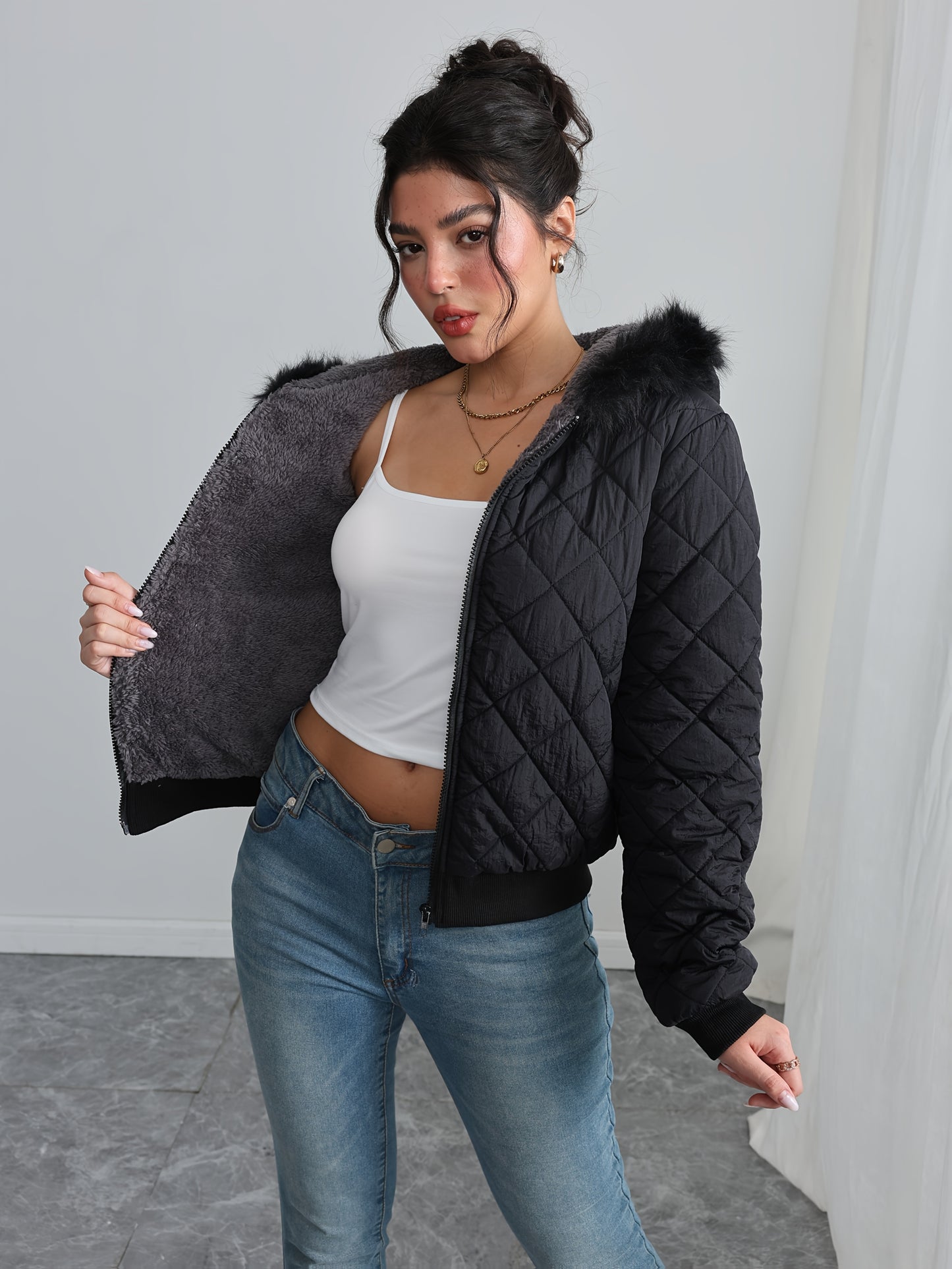 Կանացի հարմարավետ բրդյա աստառով գլխարկով բաճկոն - ամենօրյա երկար թևքերով, միագույն, սովորական չափսի, երկար թևքերով, կայծակաճարմանդով, ամենօրյա ոճով, ամենօրյա վերնազգեստ, ձմեռային բաճկոն