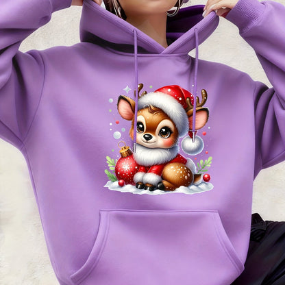 Women's Hooded Sweatshirt, Christmas Fashion Loose Elegant Long Sleeve Drawstring Hoodie, Atmospheric Print Red/Dark Green/Tender Pink/Violet Hooded Sweatshirt, Holiday Gift, Women's Clothing