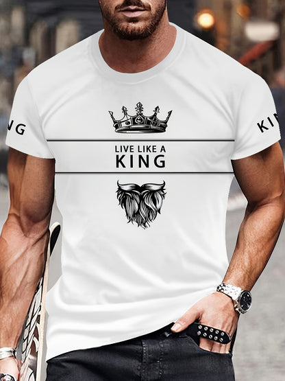 Men's 3D Digital Print T-Shirt with Crown  "LIVE LIKE A KING" Slogan - Casual Round Neck Regular Fit Machine Washable Graphic Tee for Casual Attire, Streetwear Fashion, Bold Statement Shirt, Durable Fabric Shirt