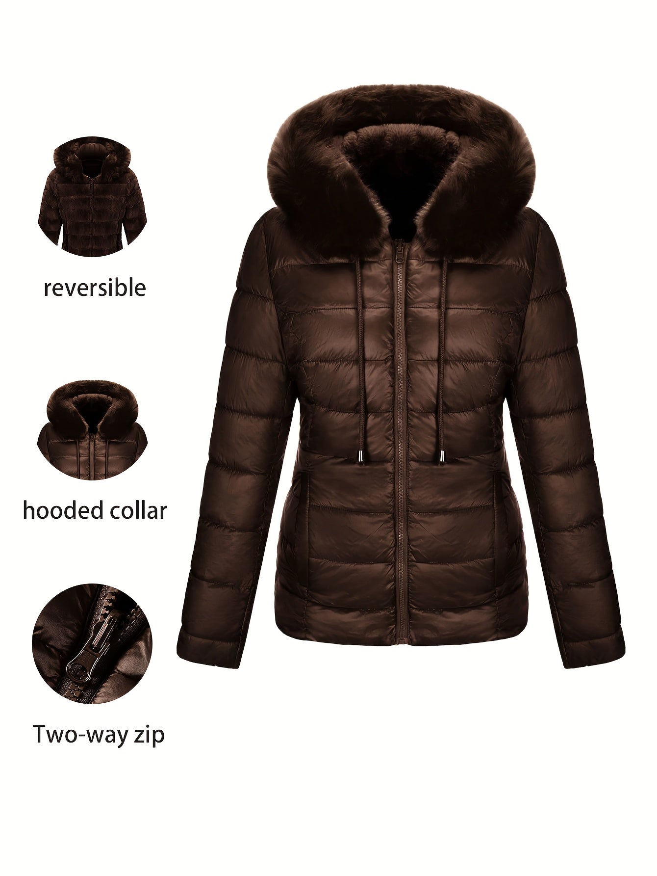 Women'S Heavyweight Winter Coat - Dual-Sided Reversible Jacket with Full-Zip Front, Hooded Collar, Two-Way Zipper Closure - Warm Outerwear for Cold Weather, Office, Travel - Elegant Brown Coat (Size & Wash Label in Pocket), L