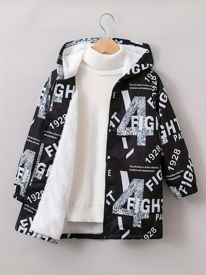 Boys' Cozy Jacket with Letter Print - Casual & Warm Windproof Outerwear for Fall/Winter