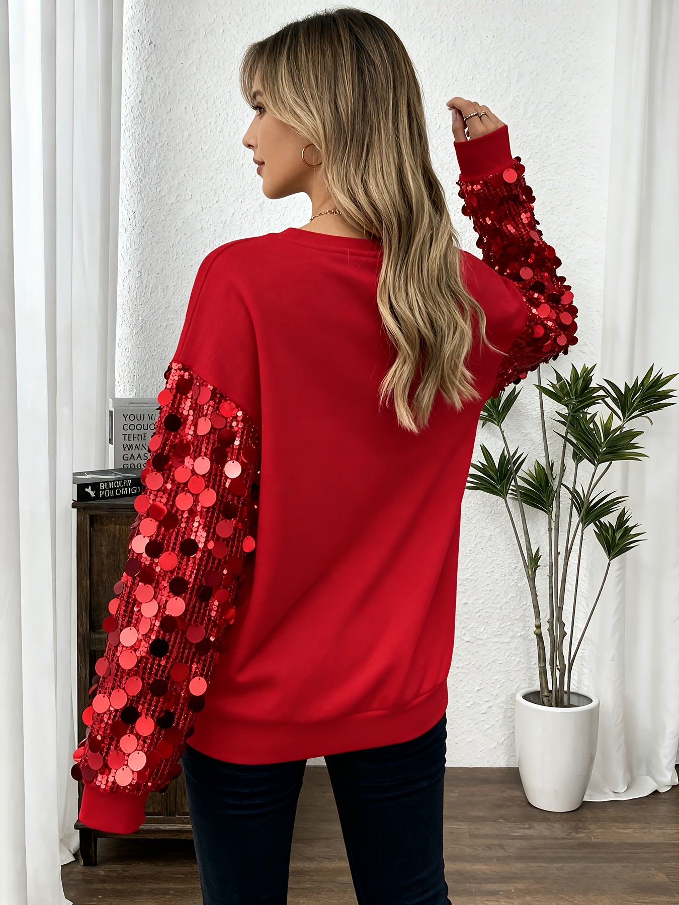 Women'S Elegant Red Sequin-Embellished Sweater - Sparkling Long Sleeve T-Shirt with Drop Shoulder Lantern Sleeves, Soft Stretchy Fabric, Perfect For Fall/winter Fashion, Winter Clothing | Sparkling Embellishments | Constructi