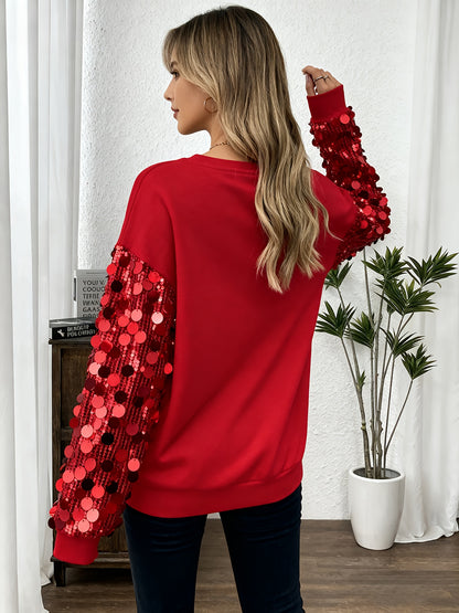 Women'S Elegant Red Sequin-Embellished Sweater - Sparkling Long Sleeve T-Shirt with Drop Shoulder Lantern Sleeves, Soft Stretchy Fabric, Perfect For Fall/winter Fashion, Winter Clothing | Sparkling Embellishments | Constructi