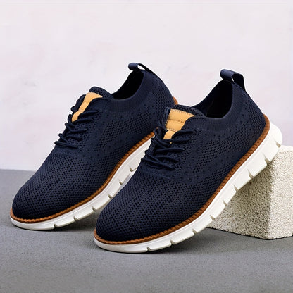 Men's Breathable Knit Business Casual Shoes - Beige with Brown Accents, Lace-Up, EVA Sole, Round Toe, Versatile for All Seasons, Dressy Shoes