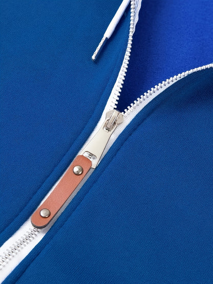 Տղամարդու ոճային գունային բլոկներով վերնաշապիկ՝ առօրյա, կայծակաճարմանդով և գլխարկով սվիտեր՝ առջևի գրպաններով, երկար թևքերով և երիզներով՝ շագանակագույն և սև դիզայնով, հարմարավետ աշնանային և ձմեռային հագուստի համար։