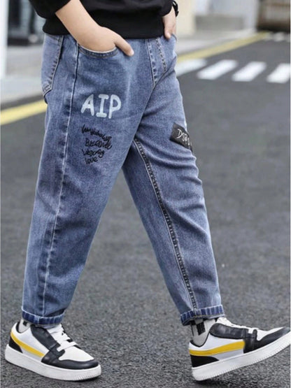 Casual Teen Letter Print Cuffed Cotton Jeans