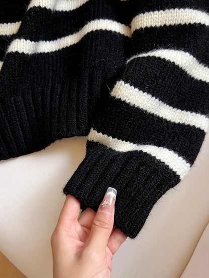 Striped Color Block Collared Sweater for Women Autumn Winter New Arrival Thick Half Zip Loose Soft Knit Top