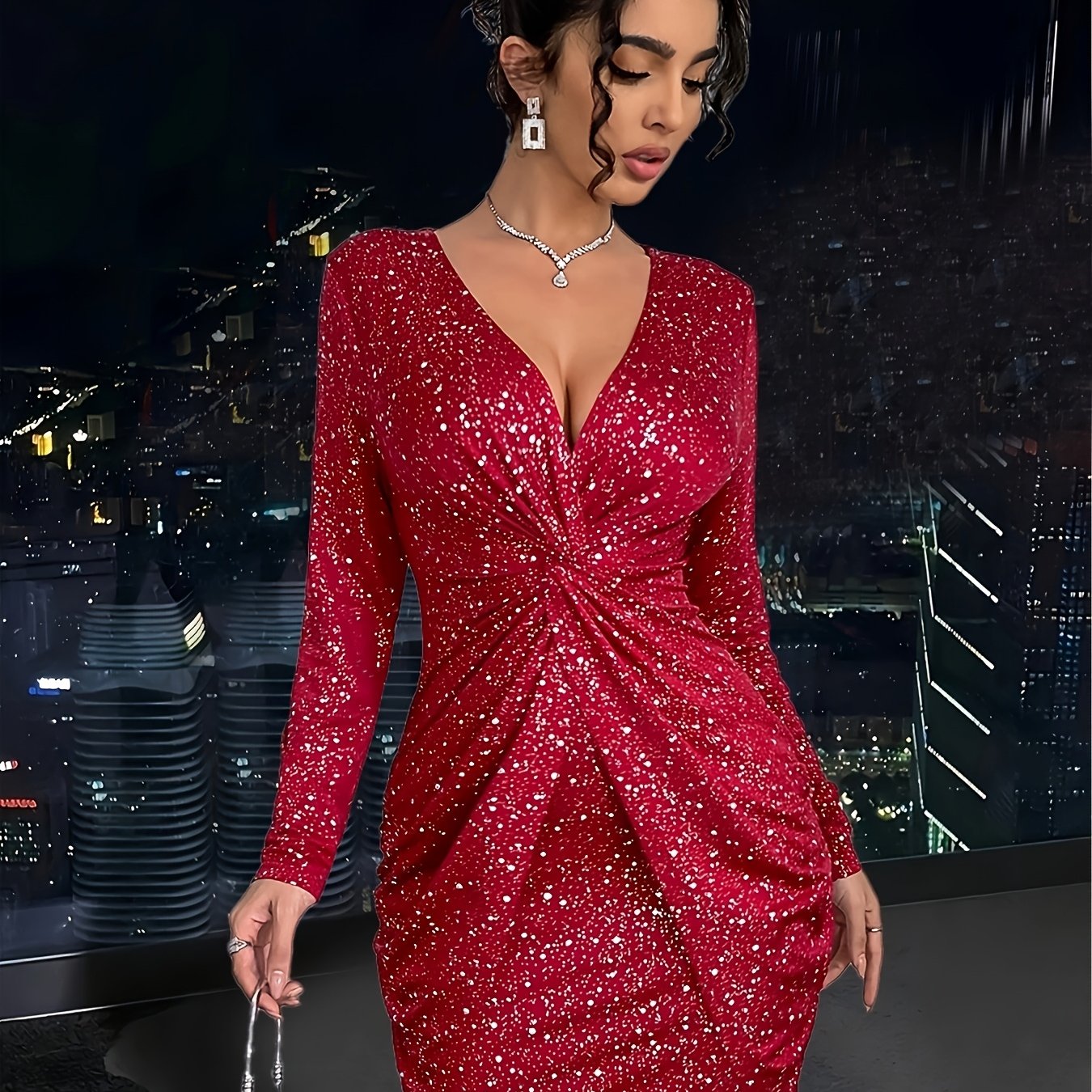 Women'S Elegant V-Neck Long Sleeve Dress with Twist Detail - Sparkling Party & Formal Dress, Stretchy Fitted Fabric, Flattering Bodycon Silhouette for Evening Events, Office, Wedding - Spring/Fall/Summer Fashion, Cute Dresses