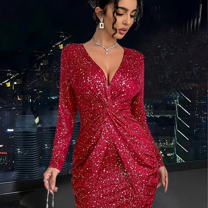 Women'S Elegant V-Neck Long Sleeve Dress with Twist Detail - Sparkling Party & Formal Dress, Stretchy Fitted Fabric, Flattering Bodycon Silhouette for Evening Events, Office, Wedding - Spring/Fall/Summer Fashion, Cute Dresses