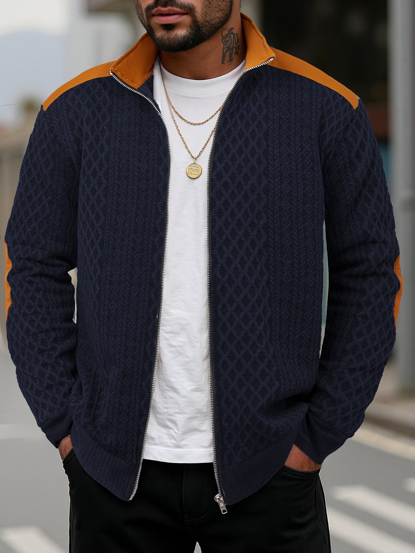 Men's Beige & Orange Contrast Full-Zip Jacket - Winter Warmth Loose-Fit Tailored Coat with Stand Collar, Zippered Pockets & Full-Zip Closure, Machine Washable Casual Outerwear for Men (Beige/Orange) - Ideal for Fall and Winte