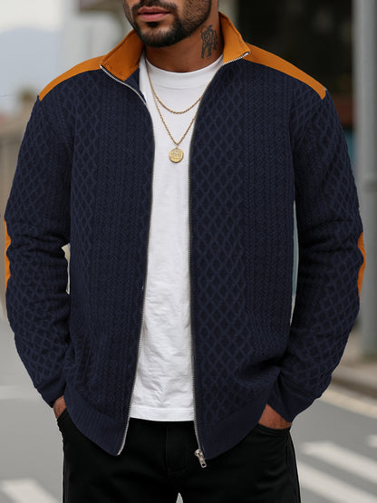 Men's Beige & Orange Contrast Full-Zip Jacket - Winter Warmth Loose-Fit Tailored Coat with Stand Collar, Zippered Pockets & Full-Zip Closure, Machine Washable Casual Outerwear for Men (Beige/Orange) - Ideal for Fall and Winte