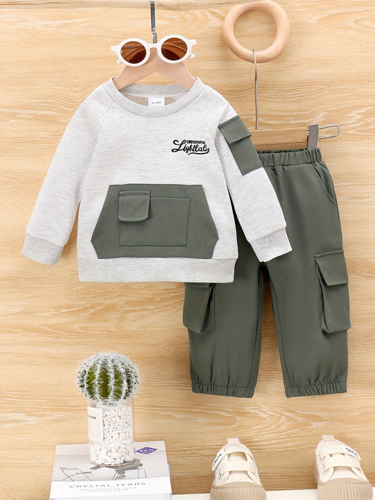Kids' Preppy Style Color Block Tracksuit Set, Polyester Crew Neck Long Sleeve Pullover and Cargo Pants, Non-Stretch Knit Fabric, Regular Fit, with Faux Pockets, for Unisex, Fall/Winter Outfit, for Outdoor