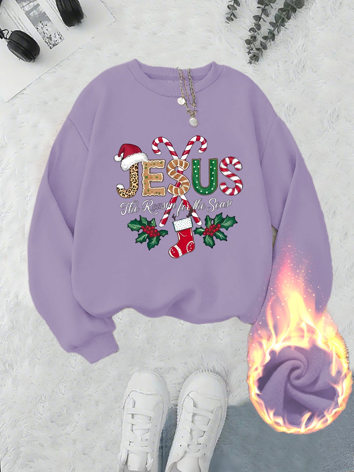 Women's Fleece-Lined Round Neck Pullover Sweatshirt - "JESUS" Christmas Print, Comfortable Loose Fit for All Seasons, Festive Holiday Design Casual Top