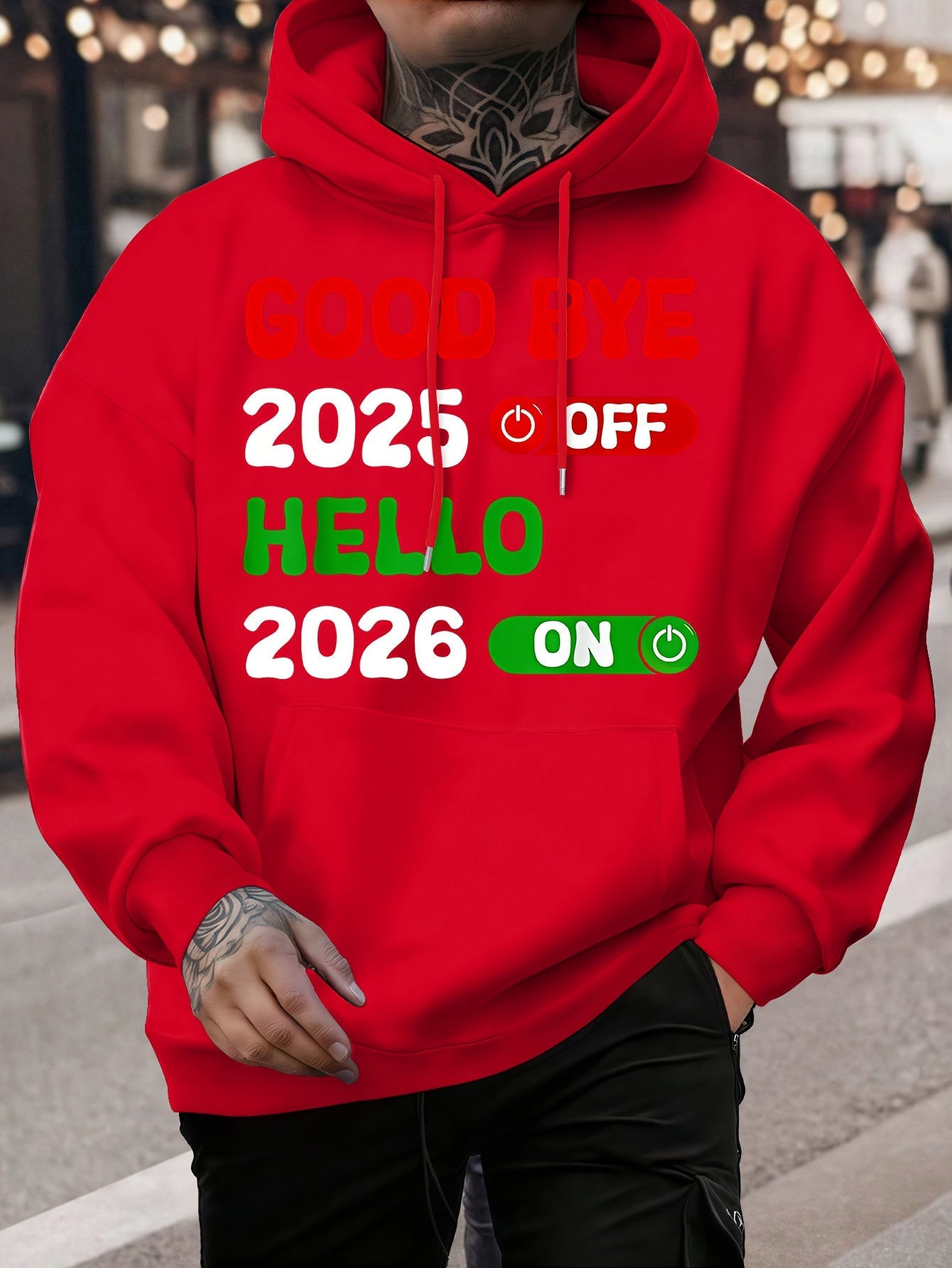 Men's 2025 New Year Print Hooded Sweatshirt - Kanji-Inspired "Goodbye 2025 2026" Pullover, Winter Warm Casual Sweater with Green/Red Toggle Switch Design, Machine Washable Red Hoodie for Christmas & NYE Parties