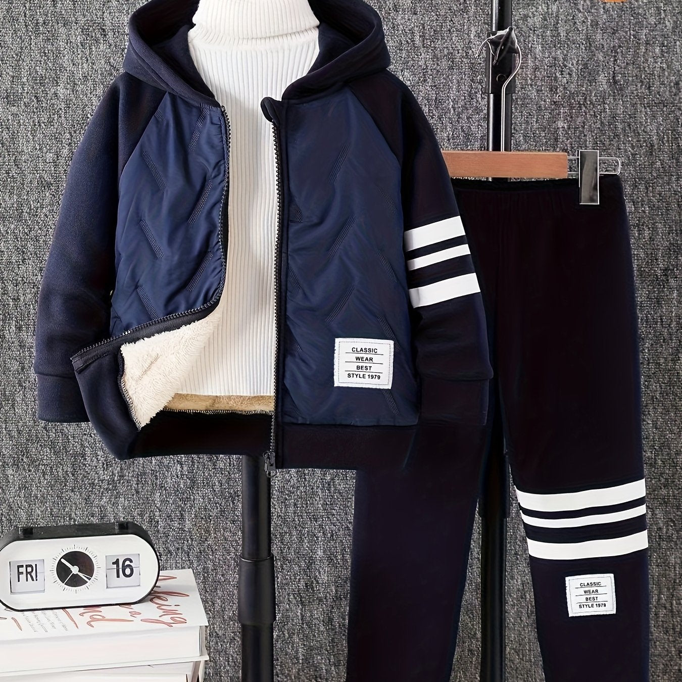 DONABEBE Boys' 2pcs Winter Hooded Jacket & Pants Set - Navy Blue/White Striped Full-Zip Thick Warm Outfit, Casual Playwear & Everyday Outfits for Boys, Easy Care, Perfect for Outdoor, Winter Jacket And Pants For Boys, Winter
