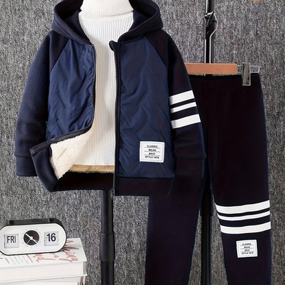 DONABEBE Boys' 2pcs Winter Hooded Jacket & Pants Set - Navy Blue/White Striped Full-Zip Thick Warm Outfit, Casual Playwear & Everyday Outfits for Boys, Easy Care, Perfect for Outdoor, Winter Jacket And Pants For Boys, Winter
