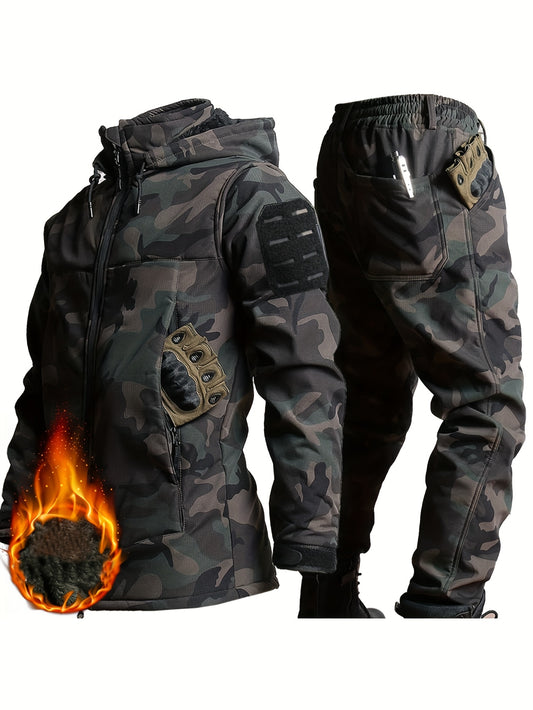 Men's Warm Autumn Winter Plush Coat and Pants Set with Detachable Hood