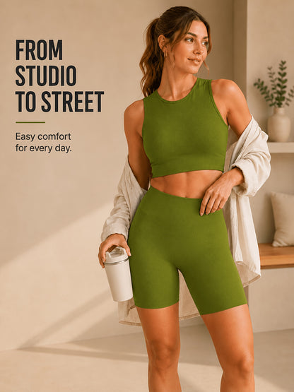 Women's Seamless Ribbed Cropped Tank & Butt-Lifting Yoga Shorts