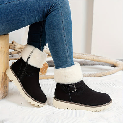 Women's Winter Snow Boots with Plush Faux Fur Collar & Buckle Closure - Round Toe TPR Sole Slip- Warm Ankle Boots, Soft Fabric Upper & Lining, Black/White/Beige/Coffee Brown - Casual & Formal Winter Footwear for Snow & Ice -