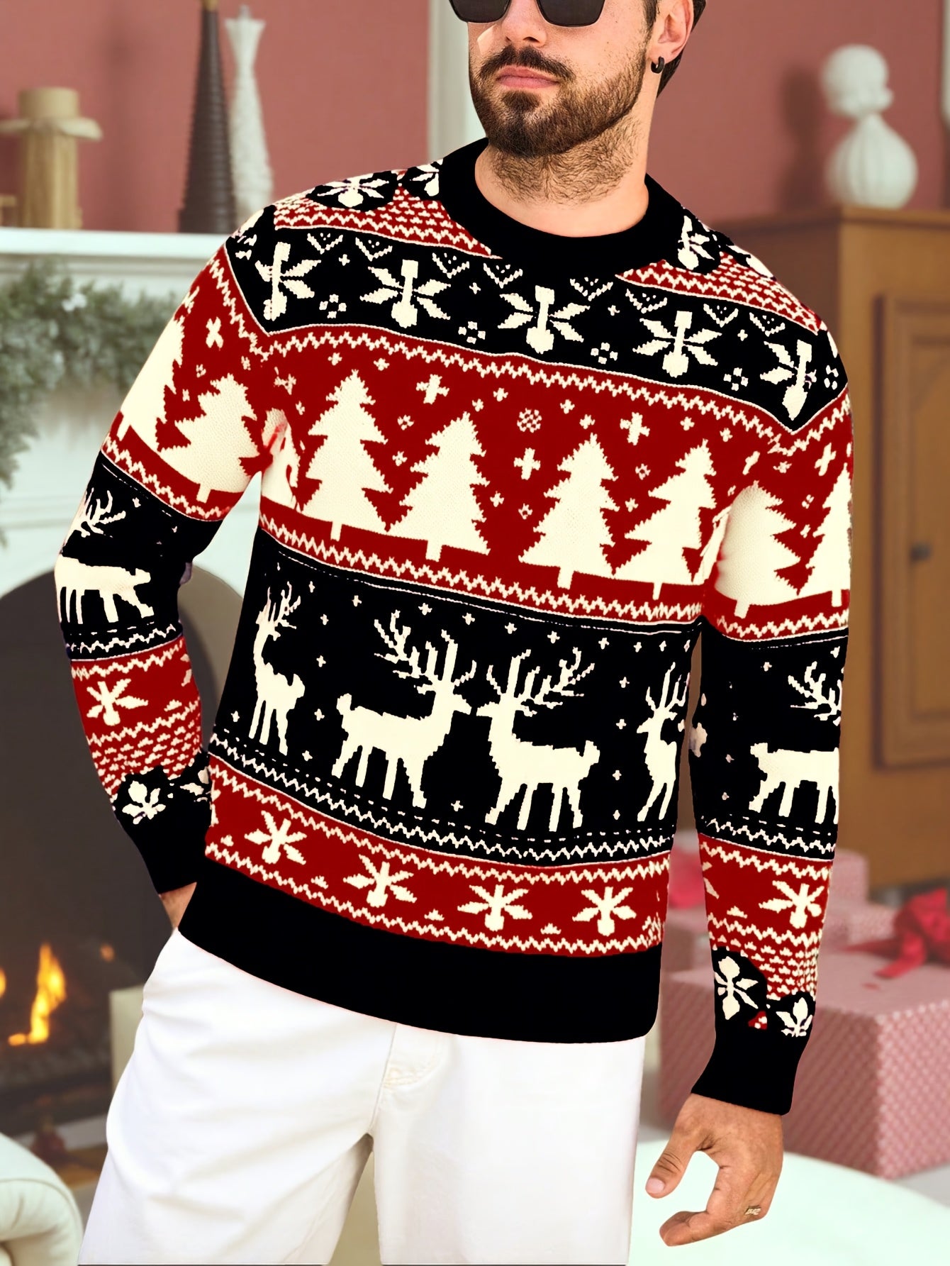 Christmas Theme Knitted Sweater | Warm and Comfortable, Ideal for Self-Wear or Gifting, Crew Neck, Long Sleeve, Acrylic Material, Fall/Winter Season