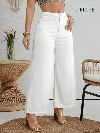 Women’s High-Waist Wide Leg White Denim Jeans with Pockets