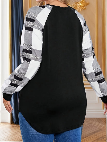 Women's Plus Size Casual Loose Round Neck Long Sleeve T-Shirt, Polyester Stretch Fabric, Striped Pattern, Autumn/Winter Top, Pullover Knit Sweater