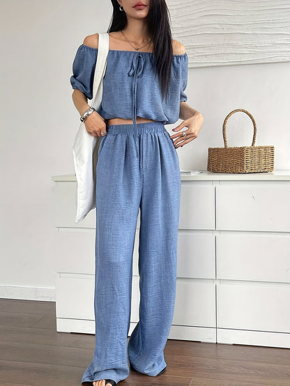 Women's Summer Solid Color Off-Shoulder Puff Sleeve Crop Top and Loose Wide-Leg Pants Two-Piece Set - ayq